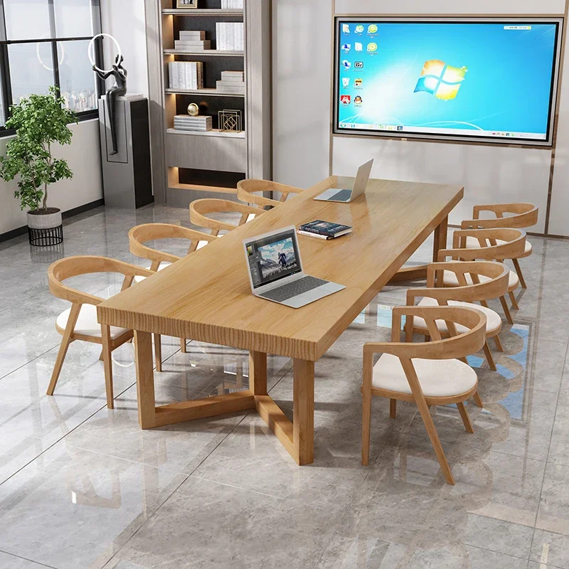 Full solid wood conference table and chair combination library strip large table office long table work table log