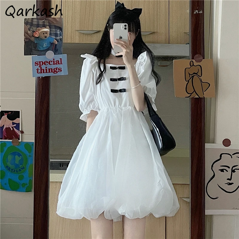 

Dresses Women Puff Sleeve Simple Sweet Design Trendy Korean Style Colleges Sundress Temperament Basic High Waist Summer Soft Ins