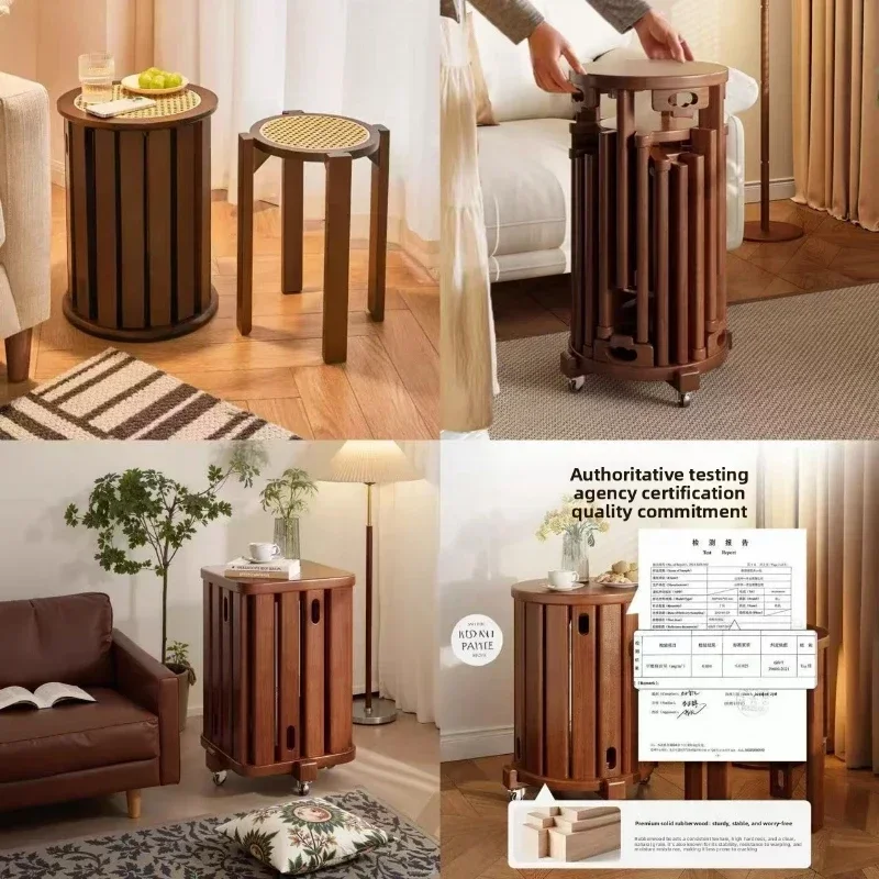Multi-functional Household stools can be stacked solid wood round stools stacked low stools with pulleys wooden stools