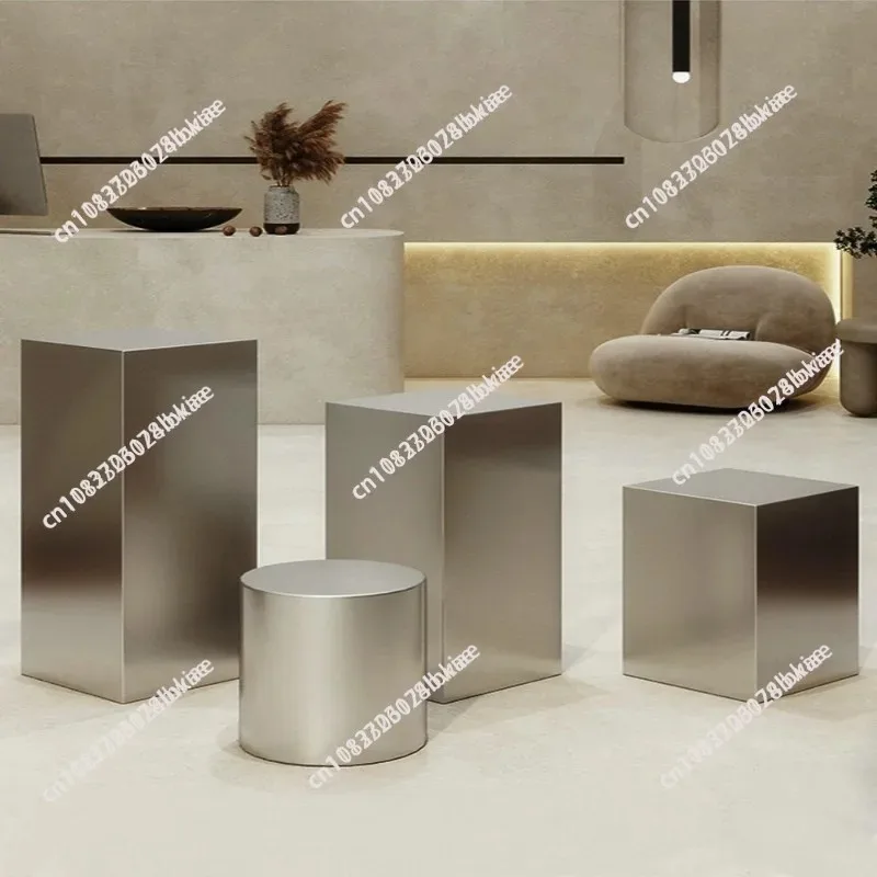 Silver Brushed Stainless Steel Square Display Flow Table, Multi-scene Garment Store Display Stand for Clothing Store Arrangement
