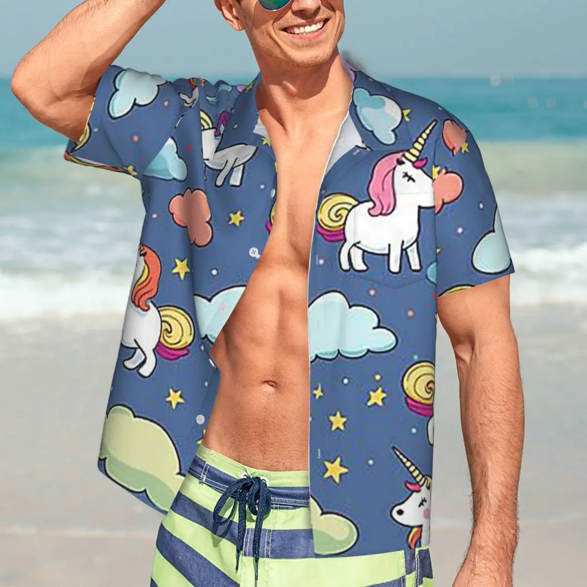 

Милая иллюстрация единорога, химерный декор для детской комнаты, гавайские рубашки, забавная мужская рубашка с коротким рукавом для лета, пляжа, мужские топы с лацканами