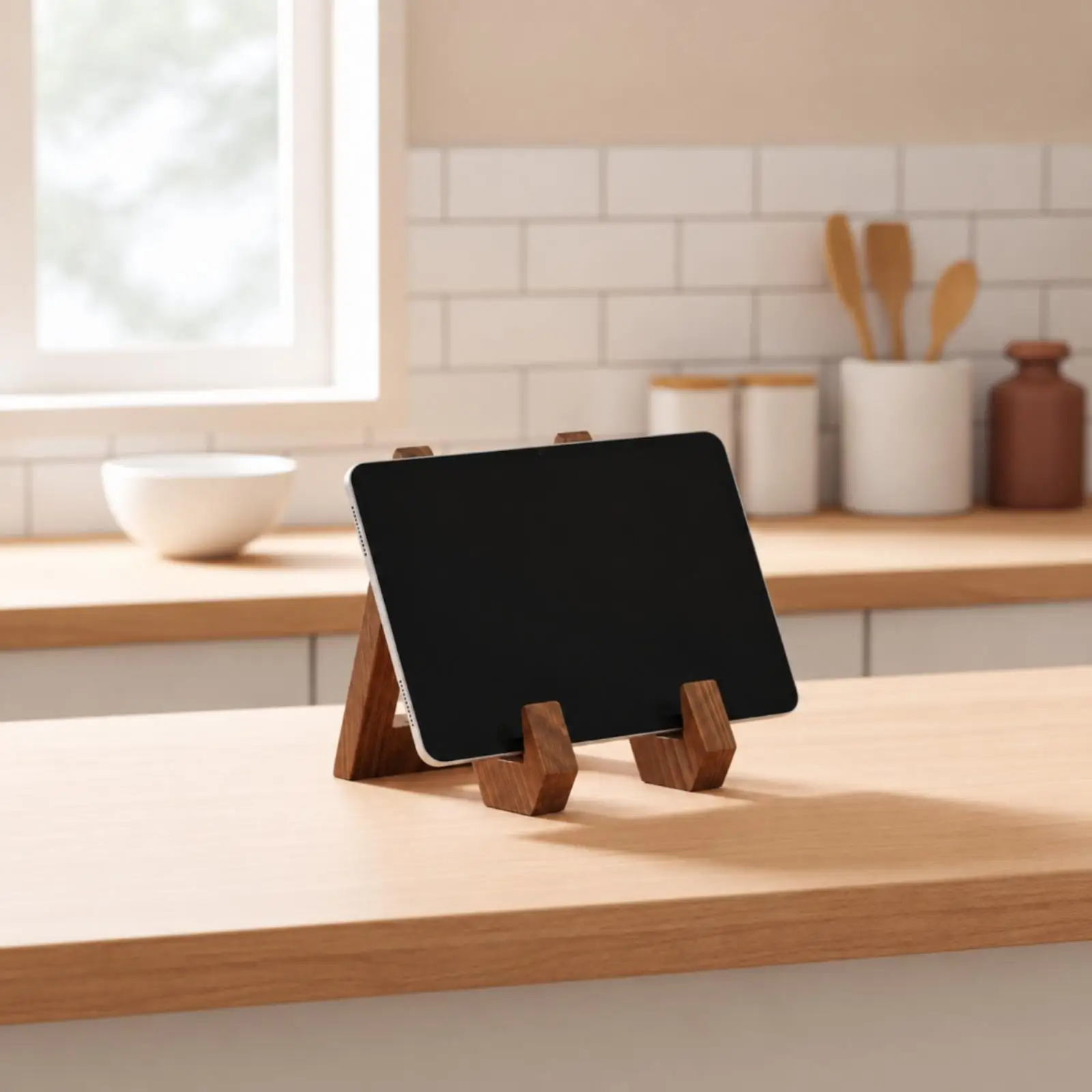 Brown Wooden Recipe Stand for Cookbook Menu and Phone Display on Flat Surfaces