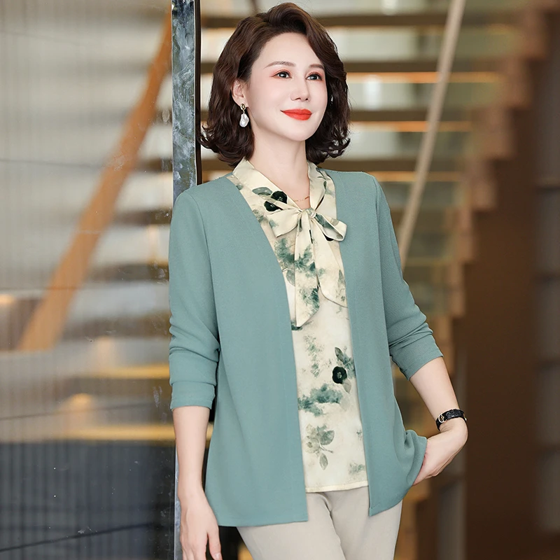 

Модная осенняя одежда для мам: элегантный топ с длинным рукавом для женщин среднего возраста, весенне-осенняя свободная блузка из смесового полиэстера