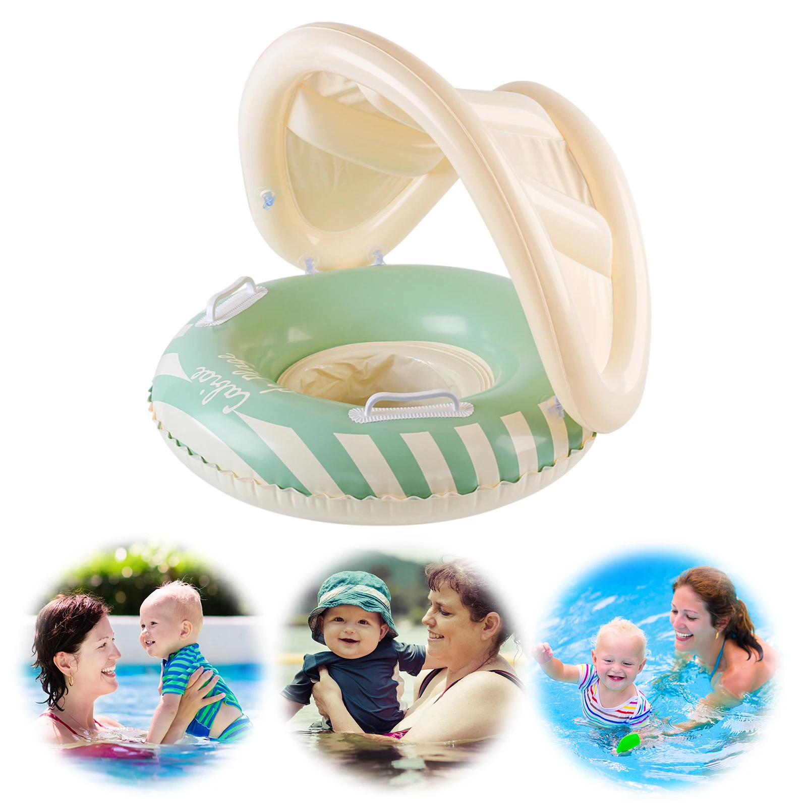 Baby Swimming Ring Inflatable Swim Ring with Detachable Canopy & Handles Cute Babies Pool Float Strip Pattern for Kids Toddlers