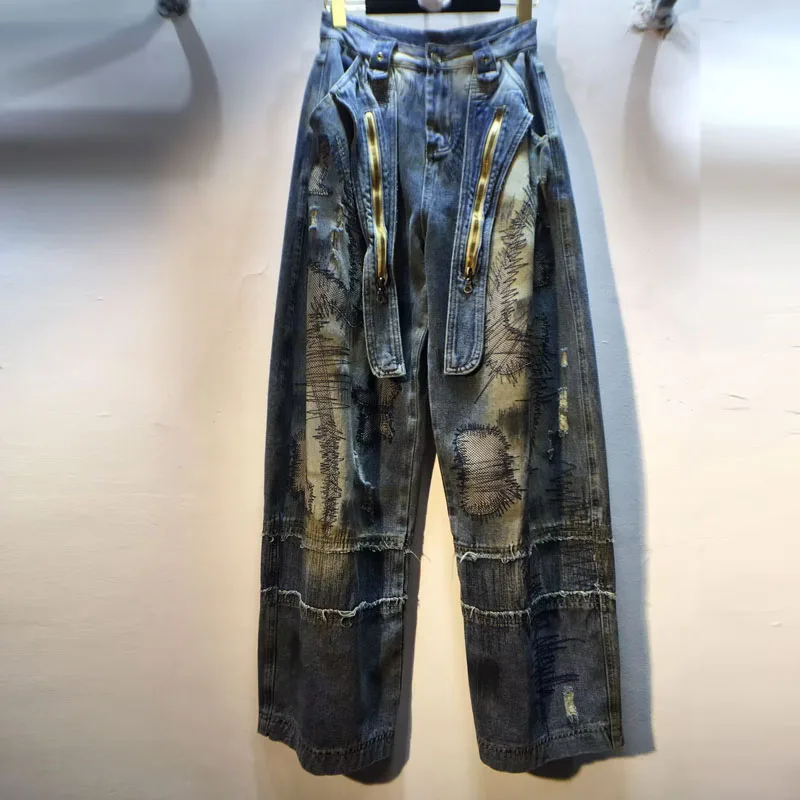 

2025 Autumn New Heavy Embroidery Retro Zipper High Waist Slim Straight Jeans Long Pants Women's Denim Trousers Street