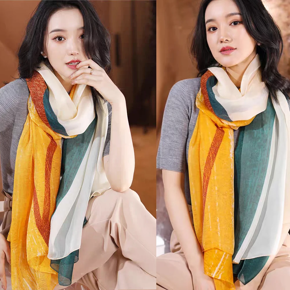 Yellow Green 100% Silk Scarf Fashion Striped Long Scarves Ladies Summer Utralong Beach Shawl Winter Twill Scarves 195*110cm