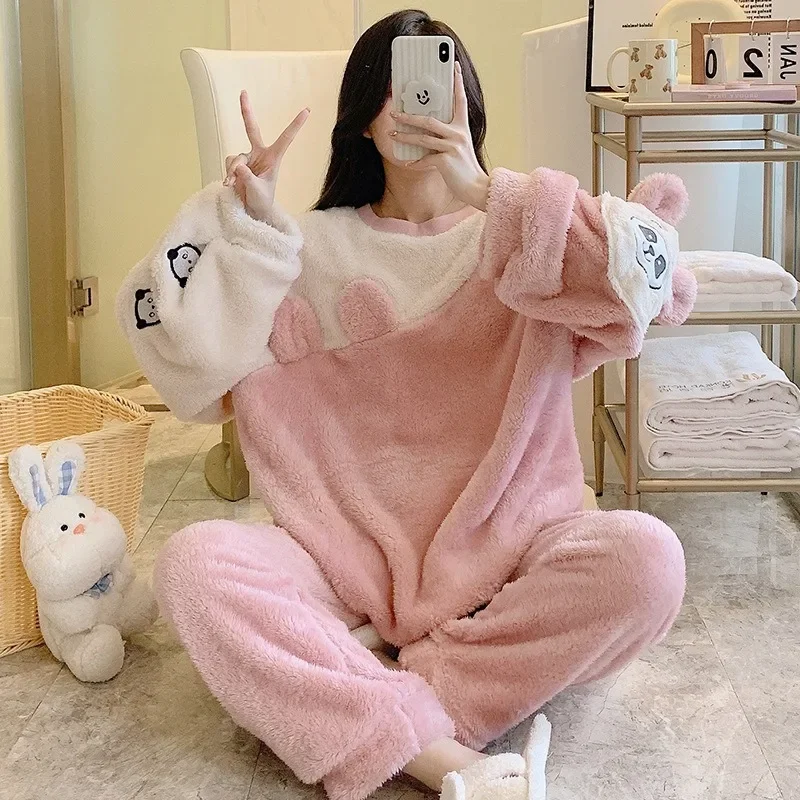 5XL Plus Size Thickened Pajamas Women Winter Warm Soft Flannel Sleepwear Coral Velvet Cute Cartoon Padded Nightwear Home Clothes