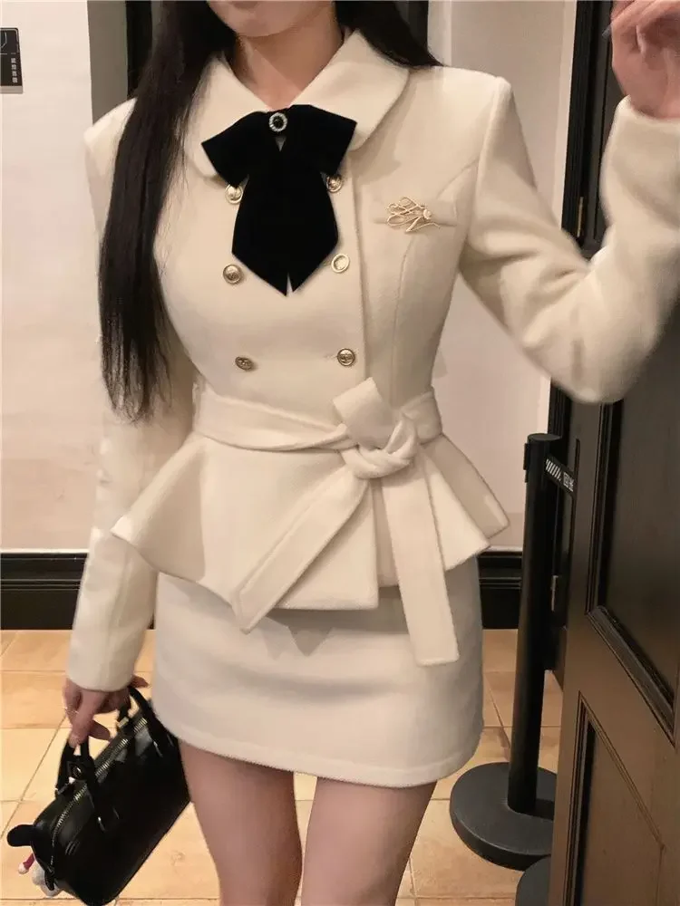 

Korean Fashion Socialite Autumn and Winter Bow Waist Slimming Coat Short Skirt Set Temperament Two Piece Sets Women Outfits