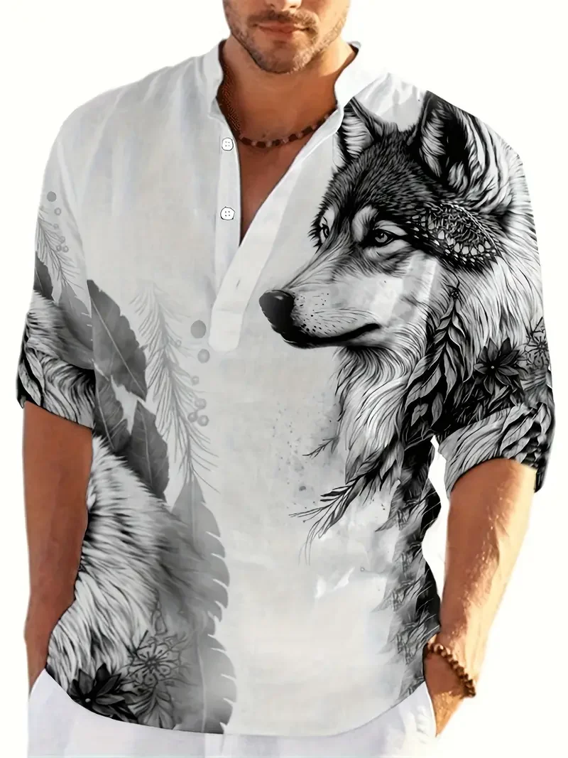 2024 Spring Men\'s High Collar Casual Long sleeved Shirt Animal Wolf Pattern Fashion Street Clothing Style