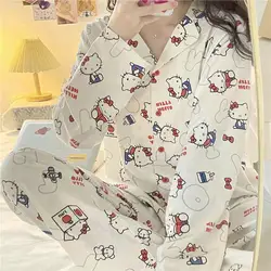 Hello Kitty 2Pcs Pajamas Set Sanrioed Cinnamoroll Anime Kawaii for Women Kt Cat Long Sleeve Tops Pants Loungewear Homewear Sweet