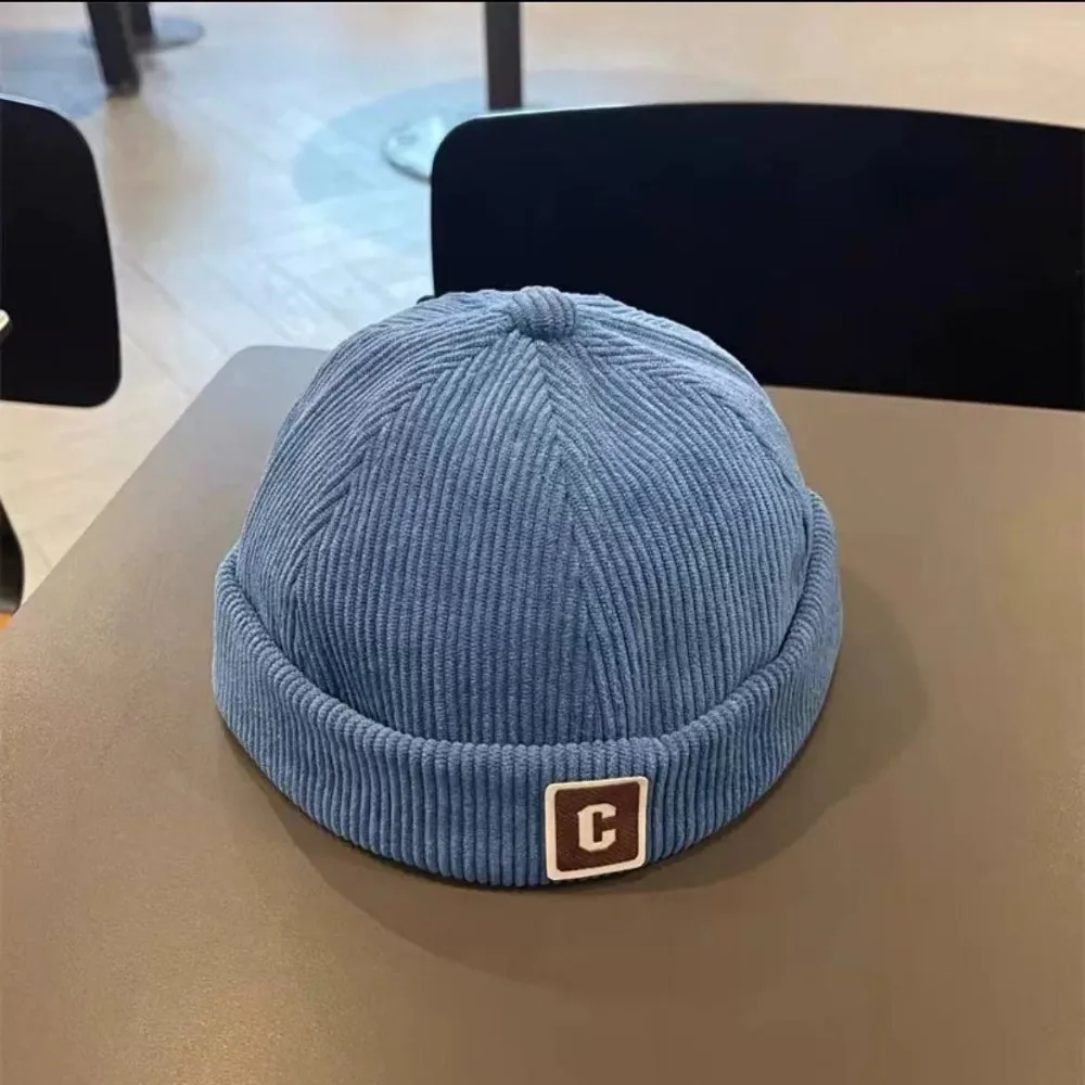 

New Corduroy Brimless Hat Solid Color Adjustable Design Kids Docker Cap C Letter Warm Fabric Winter Cap Autumn Winter
