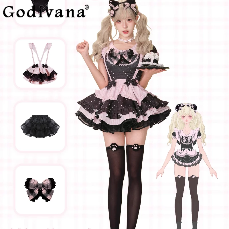 الصيف البولكا نقطة الأعلى مع القوس باو البولكا نقطة فستان بحزام ثوب نسائي الفتيات فستان بحزام مجموعة المرأة لوليتا نمط ملابس حلوة