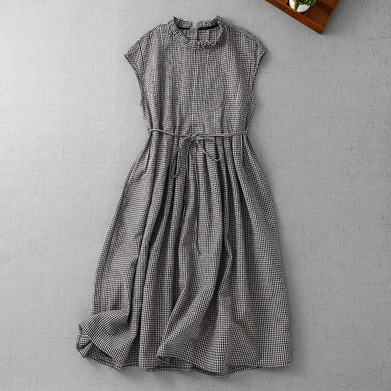 Vestido Midi Hoado de Verano a Cuadros Blancos y Nes, de Aodón, H a Mano, con Cinturón, Cintura Alta, Pado, Sin...