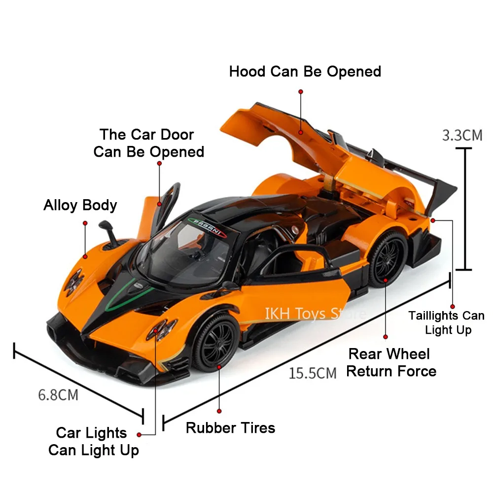 Mini modelo de juguete Pagani Zonda Huayra, escala 1:32, coches deportivos de aleación, sonido fundido a presión, luz, puertas traseras abiertas, regalos de Festival para niños