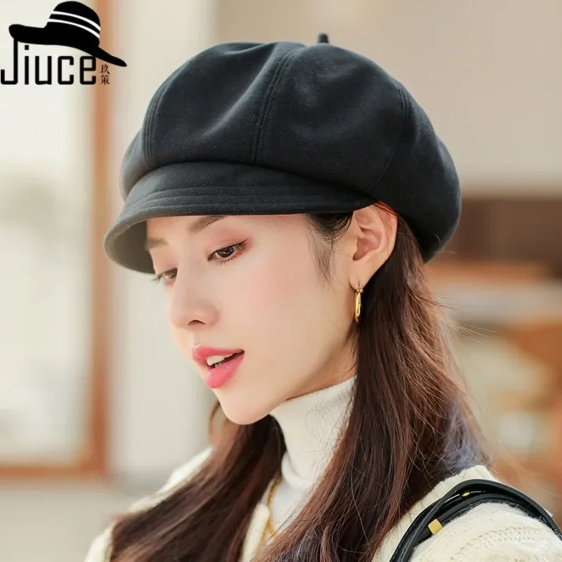 Women's Autumn Winter New Octagonal Beret Hat British Casual Solid Cap