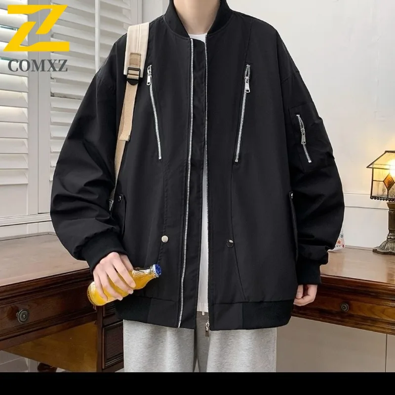 

COMXZ Mens Jacket Classic Baseball Collar Zipper Decoration Motorcycle Coat American Fashion Lightweight Autumn Windbreaker