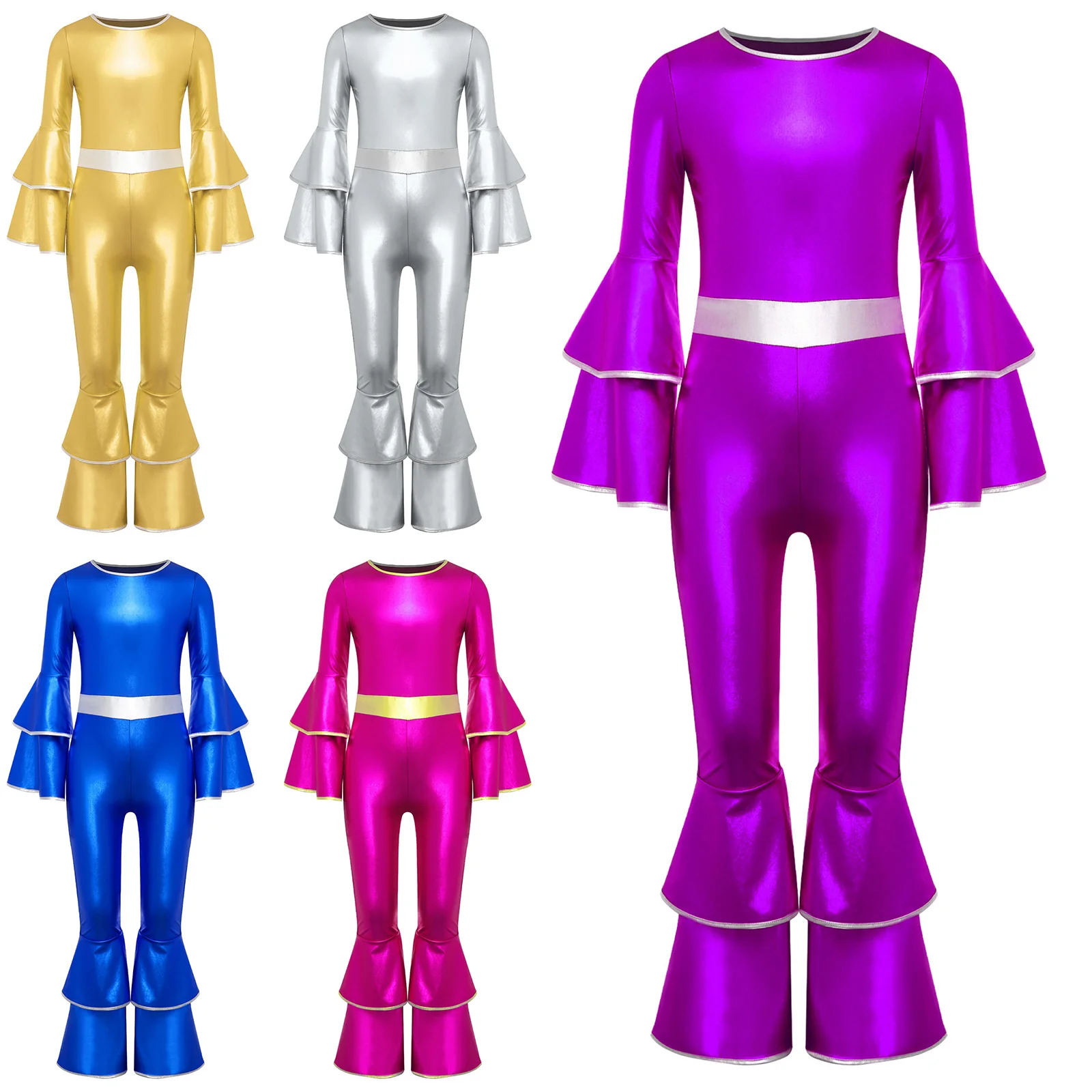 

Kids Girls Shiny Metallic 70 80s Disco Jumpsuit Long Sleeves High Waist Tiered Flared Jumpsuit for Halloween Dance Theme Events