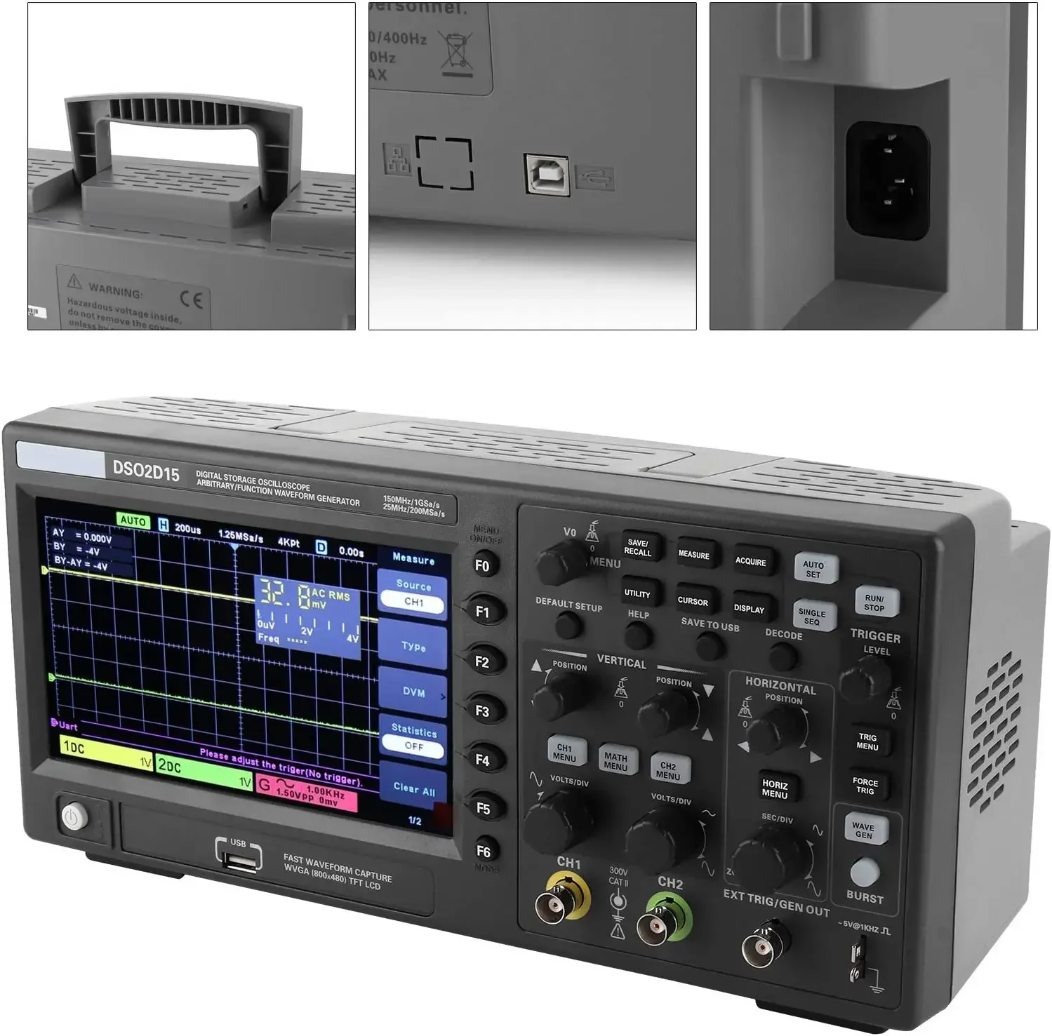 Hantek Dso2d15 2 قناة 150 ميجا هرتز 1gsa/s راسم ذبذبات التخزين الرقمي مع مولد إشارة Awg 1ch