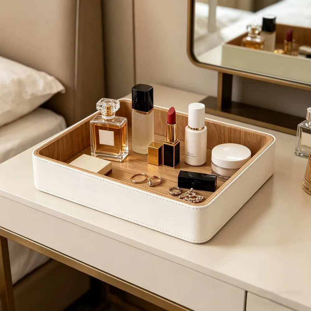Japanese Style Minimalist Square Beige Wood Grain Leather Storage Tray Desktop Cosmetics and Jewelry Storage Tray Storage Tray