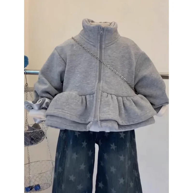 

Girls Winter Outfit Children's New Fleece-Lined Thickened Flower Bud Coat Stylish Warm Fleece-Lined Jeans Trendy