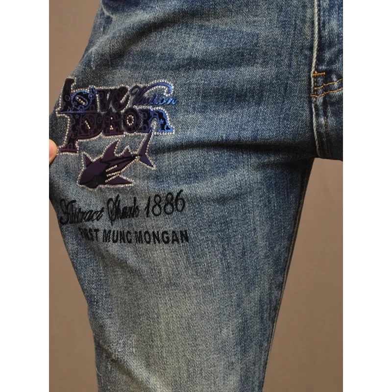 Blue with Holes Jeans Men's Trendy Tight Stretch High Fashion Vintage Print Distressed Casual Ankle Banded Pants