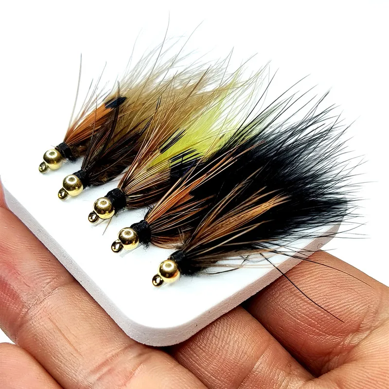 5 pz Woolly Bugger Stelle filanti Esche da pesca a mosca Testa di perline in ottone Nero/Marrone oliva Nappa - Trota Salmone Trota Pesce persico pesca a mosca