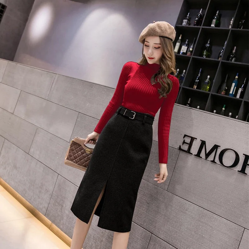 Elegant Winter Skirt for Women Luxury 2023 Korean Fashion Thick Warm Woolen Black Office Skirts Midi Jupes Faldas with Belt