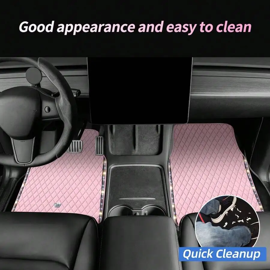 Bling Car Floor Mats, PVC Leather Anti-Slip Automative Floor Mats With Shining Diamond Rhinestone Crown, Sparkly Glitter Crystal Carpet, Universal Fit Automotive SUV, Sedan, Van, 4pcs For Woman, Car Stuff For Woman, Pink Car Stuff