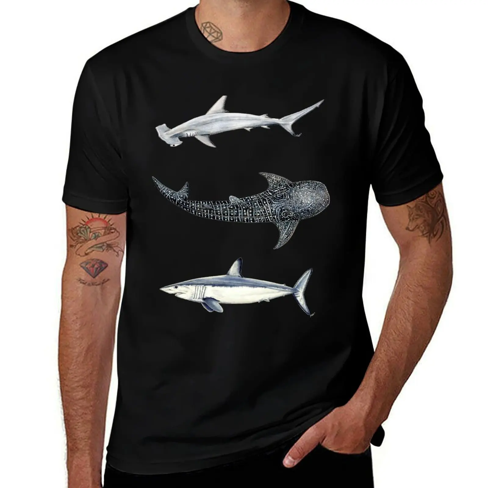 Shark trio: hammerhead shark, whale shark and mako shark T-Shirt Gym Wear Breathable Short Sleeve Tee T-Shirt
