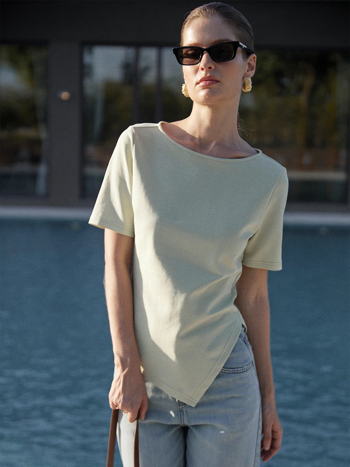 

Moofeel Women's T-Shirt Asymmetrical Design Short Sleeve Waist-Cinching Neckline Summer Simple Cotton Blend Commute Style