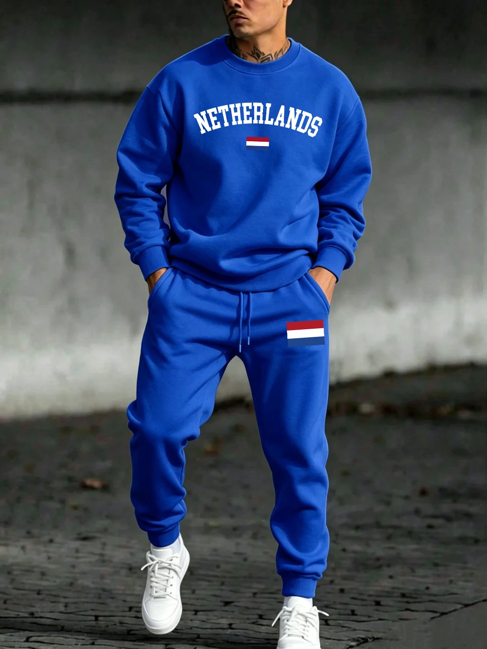 2 Pcs Pullovers Set Mens Netherlands Flag Prints Sweatpants Autumn Fleece Pocket Sweatshirt Jogging Outfits Casual Loose Clothes
