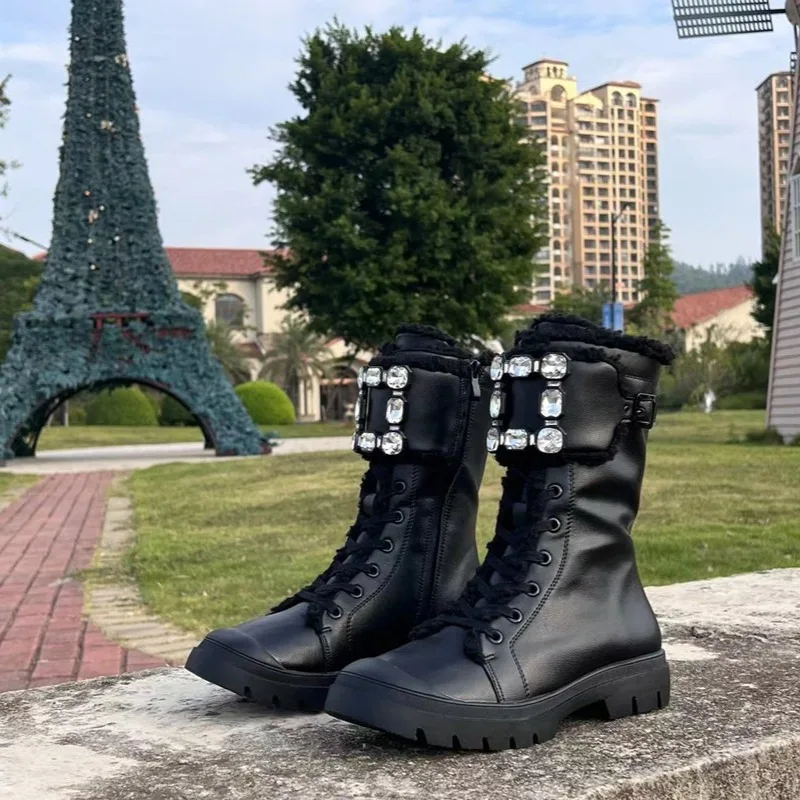 Fashion Women Shoes Luxury Rhinestone Mid Calf Boots for Woman Exquisite Wool Ultra Warm Snow Boot Designer Shoes Botas Feminina