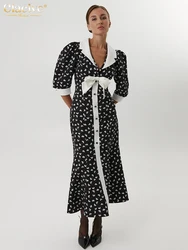 Clacive Fashion Slim Print Women's Dress Summer Lapel Short Sleeve Ankle Length Dresses Elegant Classic Patchwork Female Dress