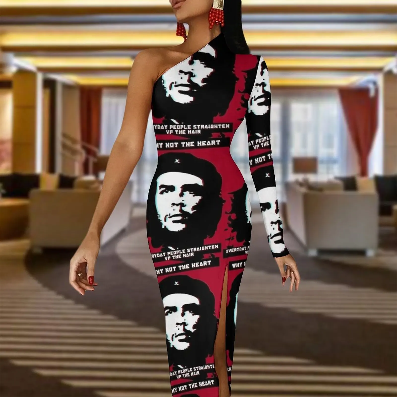 CCCT Che Guevara Glitch Art Quote Red Bodycon Dress Autumn  Trendy Side Split Long Dresses Long Sleeve Custom Party Dress