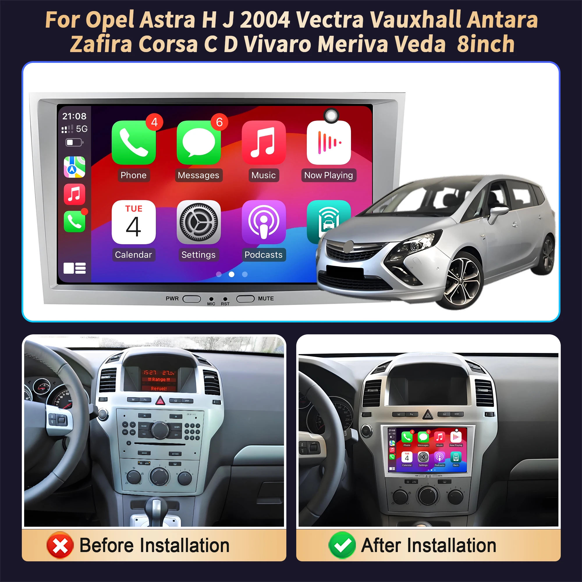 Android 14  For Opel Astra H Vectra C D Corsa Antara Combo Vivaro Zafira B Vauxhal 8inch Stereo 2 Din Screen