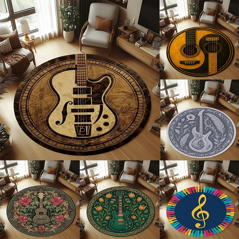 Gitarrenteppich, runder Musikteppich, maschinenwaschbar, rutschfeste Fußmatte, thematische Bodenmatte für Kinderzimmer, Wohnzimmer, Eingang