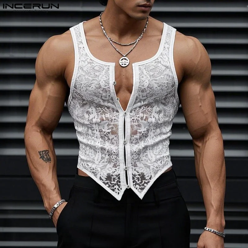 INCERUN Männer Tank Tops Spitze Transparent Sommer Oansatz Ärmel Unregelmäßige Westen Männer Streetwear 2025, Mode Männer Kleidung S-5XL