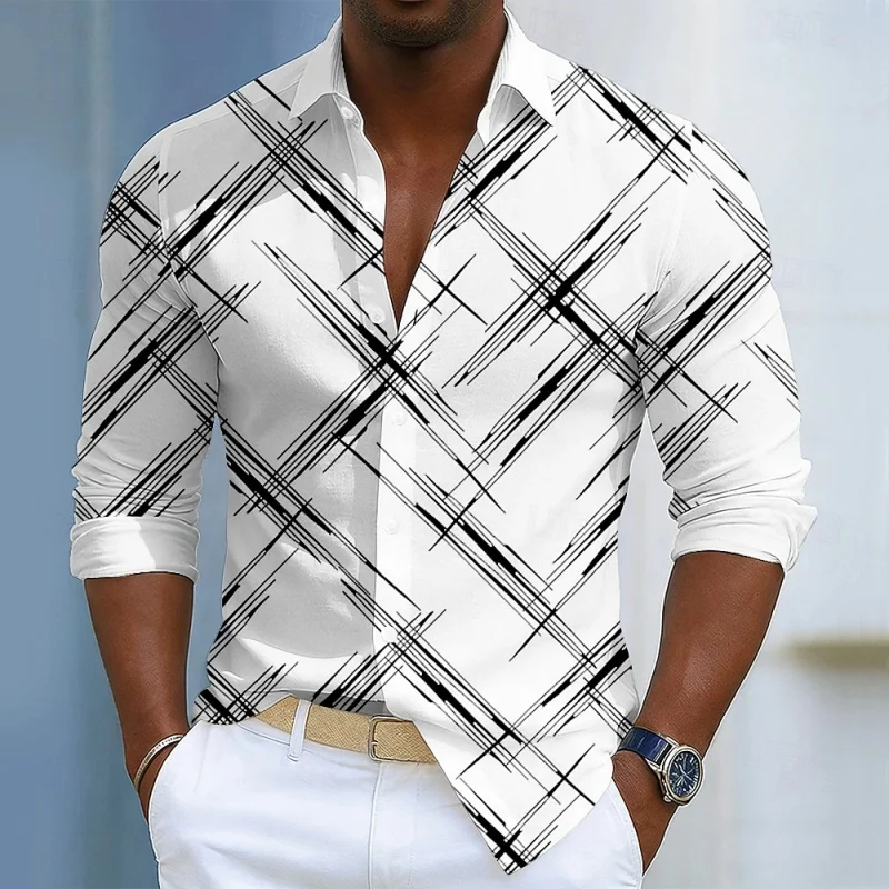 Men's shirt with white background, black diagonal line print, long sleeved shirt, loose collar, trendy casual cardigan shirt