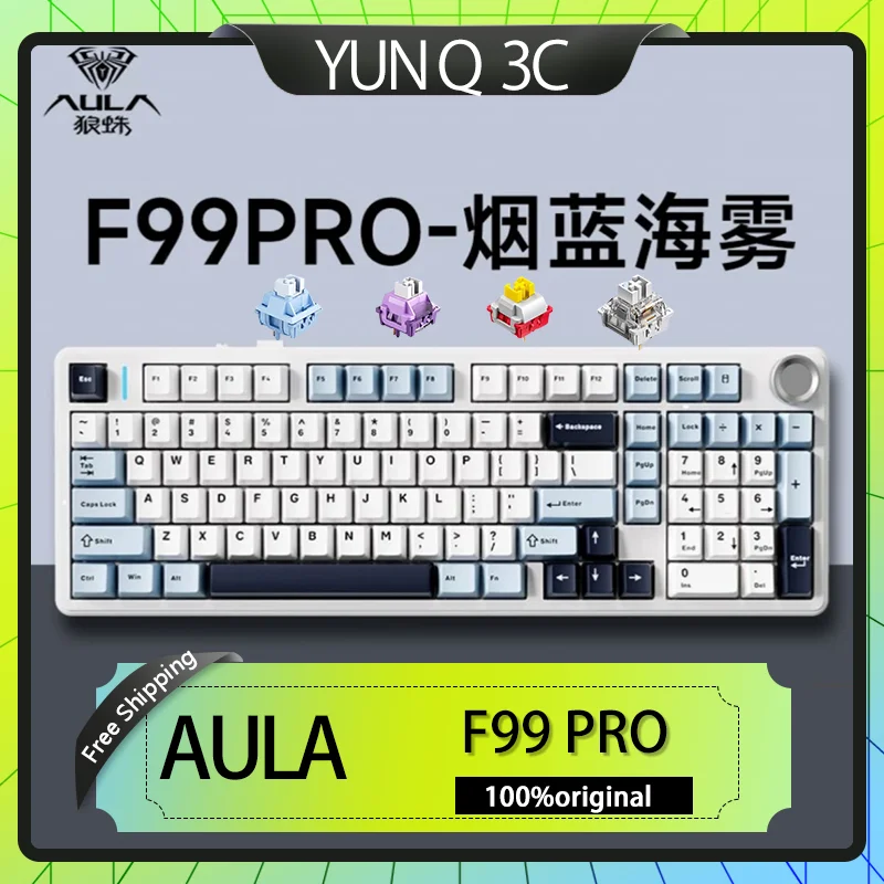 Aula F99 F99pro Three Mode 2.4g Wireless Bluetooth Game Mechanical Keyboard 99 Key Hot Plug Pbt Spacer Rgb Pc Custom Keyboard