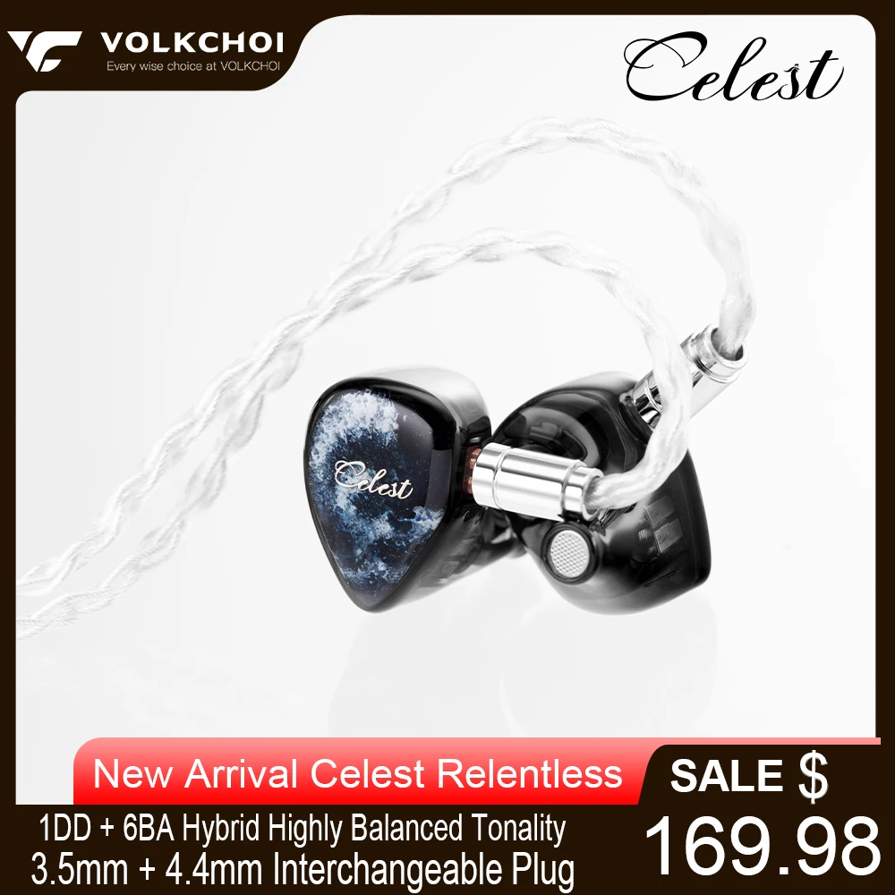 Celest Relentless 1DD + 6BA Hybrid Drivers HiFi Wired In Ear Monitors 3.5 + 4.4mm Interchangeable Plug Detachable 2Pin Earphone