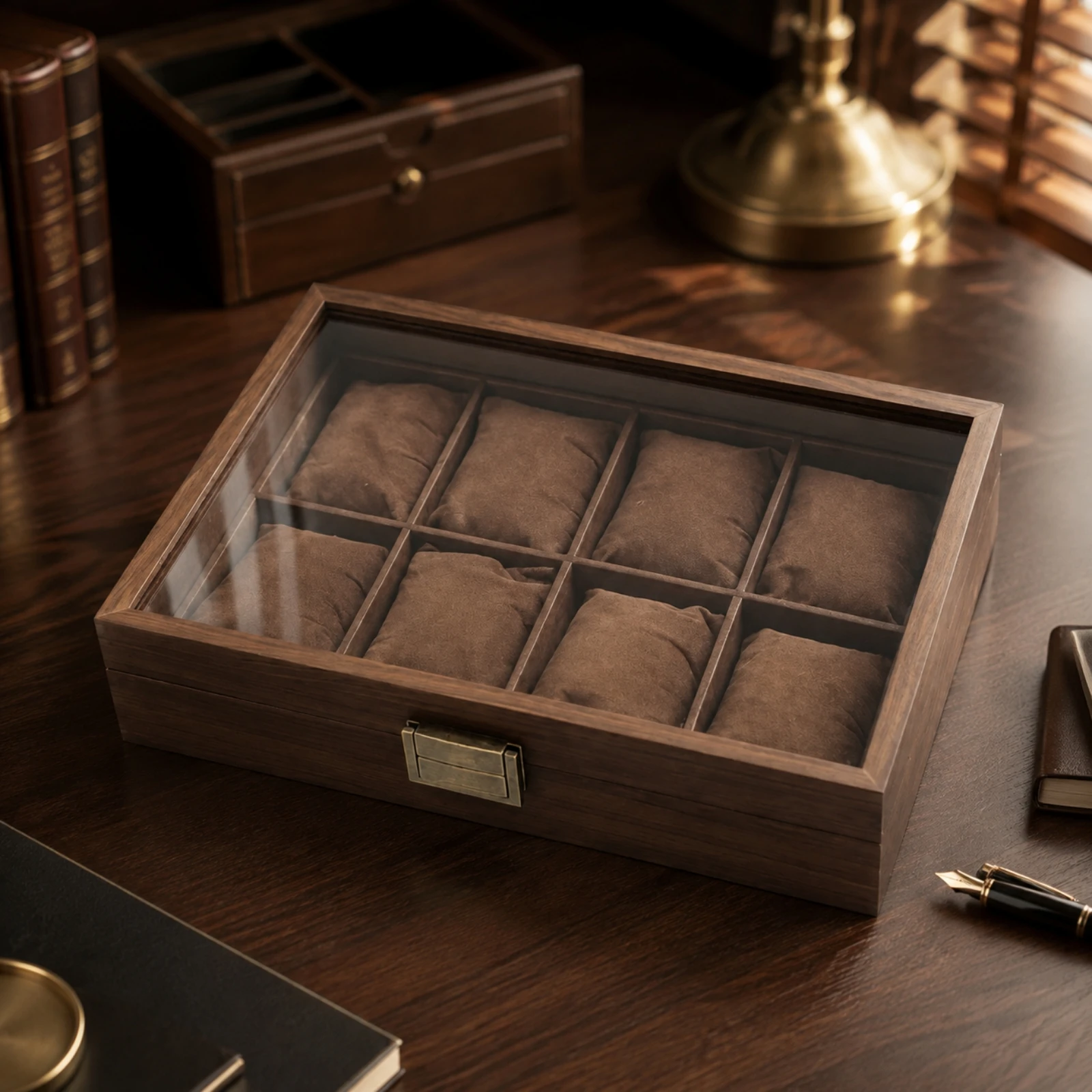 Storage Box Secure Clasp Walnut Finish Watch Case Removable Pillows Slim for Dresser, Closet