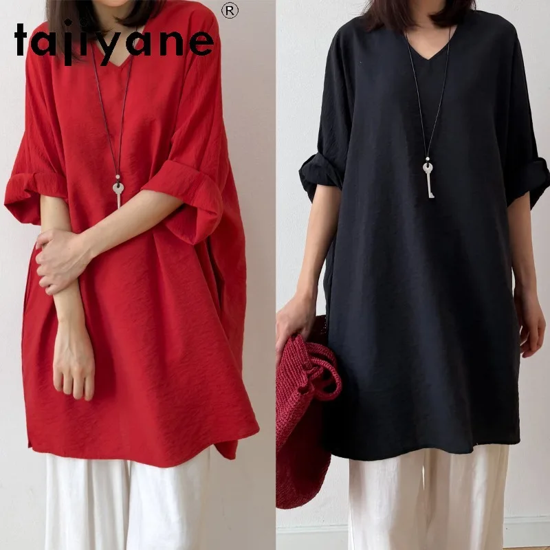 

TAJIYANE 76% Mulberry Silk Women T Shirts Three-Quarter Sleeves Mid-length T Shirts V-Neck New Summer Tops 2026 Woman Clothes 반팔