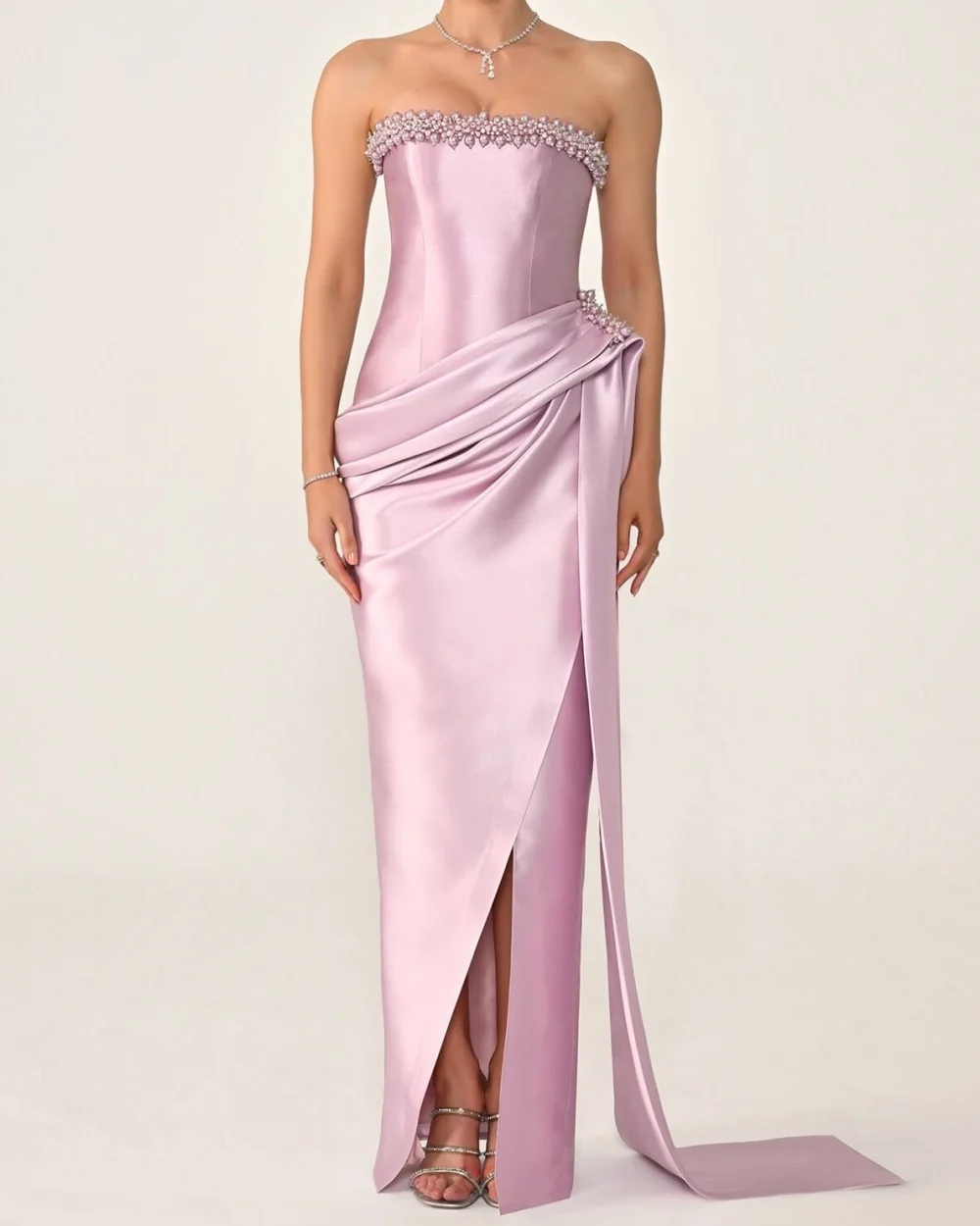 

Customized Elegant Women Charmeuse Rhinestone Beading Straight Evening Dresses Sexy Strapless Sleeveless Floor Lenght Party Gown