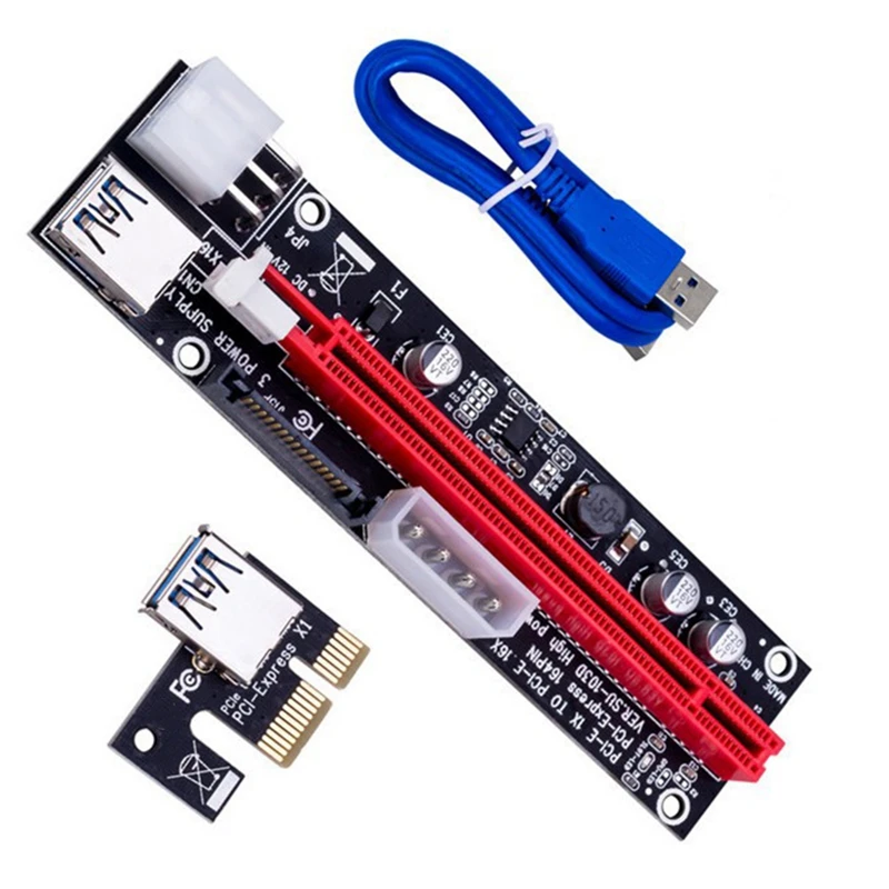 NEW-VER103D 3In1 Power PCI-E Riser การ์ด LED 4Pin 6Pin Sata 15Pin PCIE 1X To 16X60 ซม.สายสําหรับ Bitcoin Miner