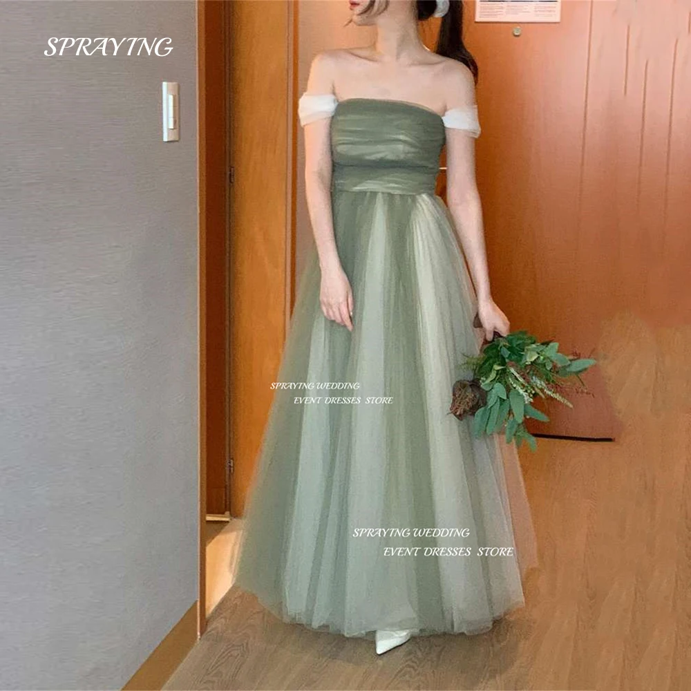 

SPRAYING Graceful Green Korea Wedding Dress Strapless Remove Sleeve Bridal Gown A Line Soft Tulle Garden Evening Party Dresses