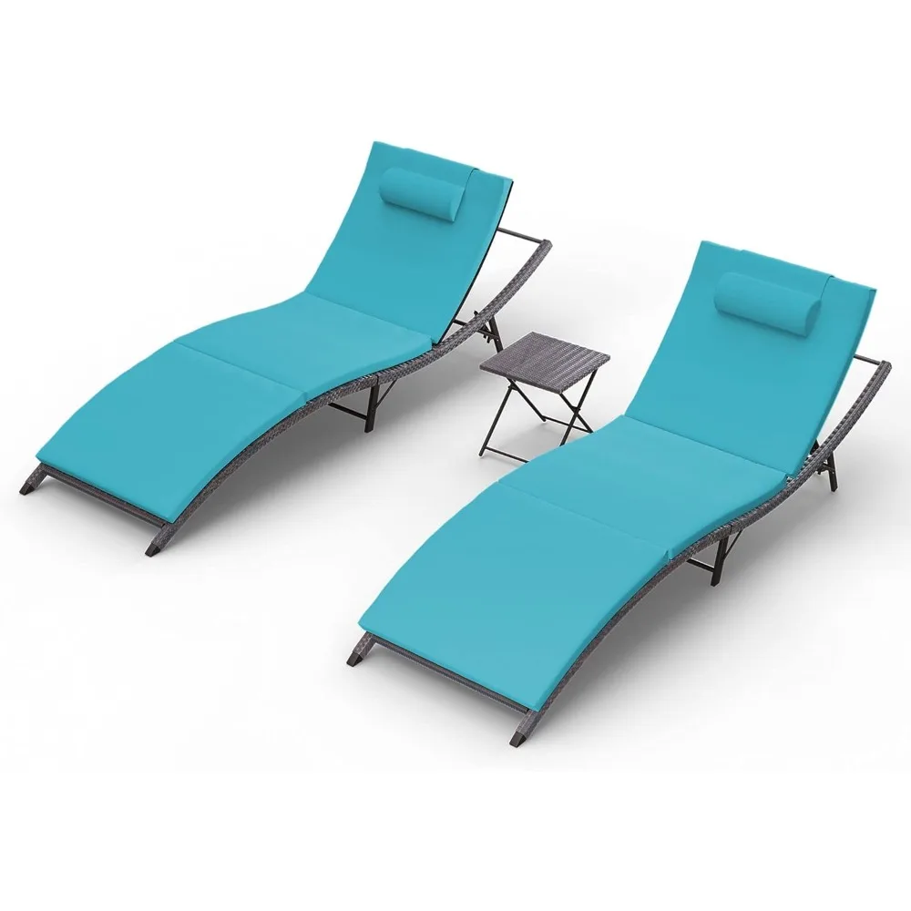 

3 Pieces Patio Chaise Lounge Set Outdoor PE Rattan Lounge Chair Adjustable Backrest Reclining Chair with Folding Table and Cushi