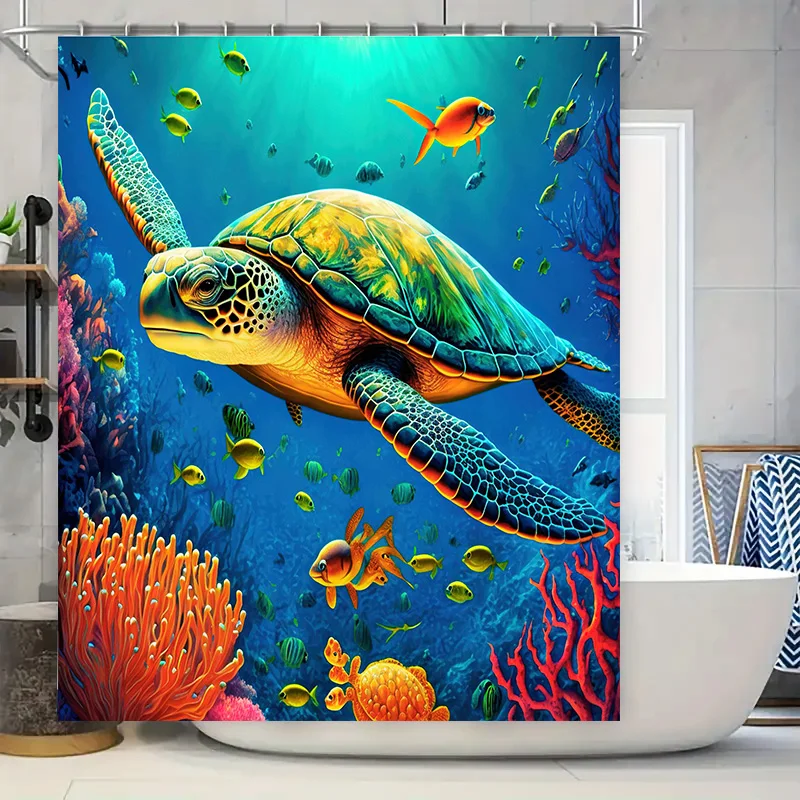 

Underwater World Shower Curtain Giant Turtle Fish Coral Reef Decorative Printing Waterproof Bathroom Accessories Modern Home Dec