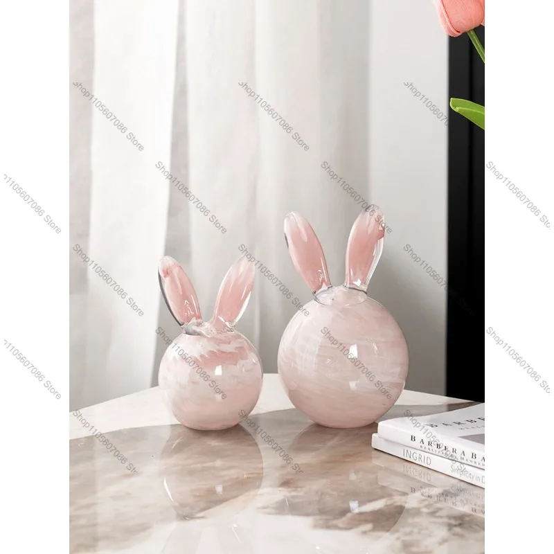 Glazed Pink Jade Rabbit Ornament Desktop Cute Rabbit Ornament