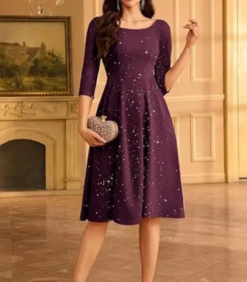 

Women's Dress Summer Classic Elegant Fashion Sparkling Pink Decoration Round Neck Waist A-Line Long Sleeve Party Dress