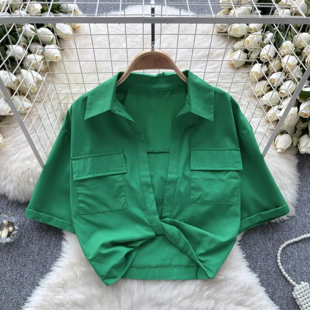 Women Slim Fit Shirt Versatile Women's Short Sleeve Shirt Slim Fit with Lapel Chest Pockets Stylish Summer Tops for A Chic Look